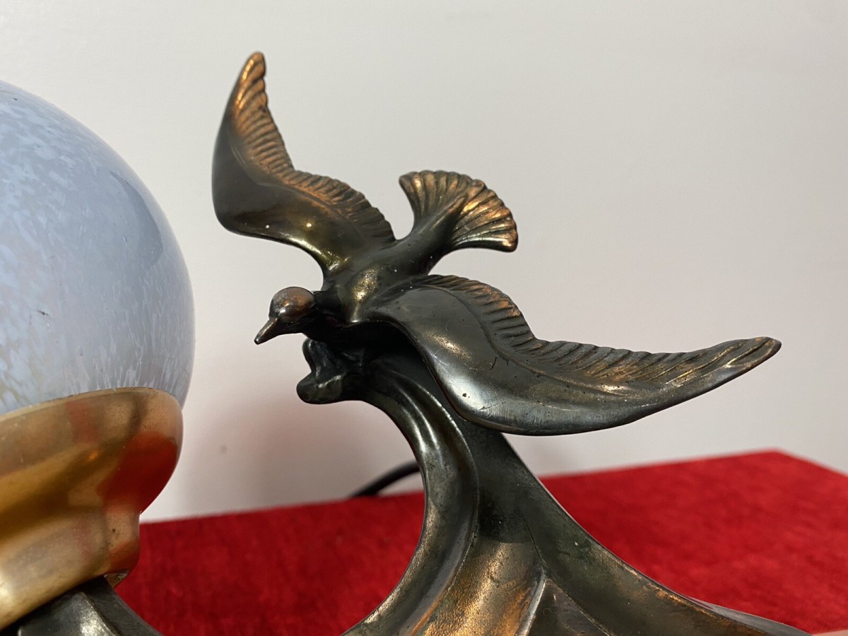 Art Deco Gilded Bronze Swallow Table Lamp With Opaque Marble Glass Lantern