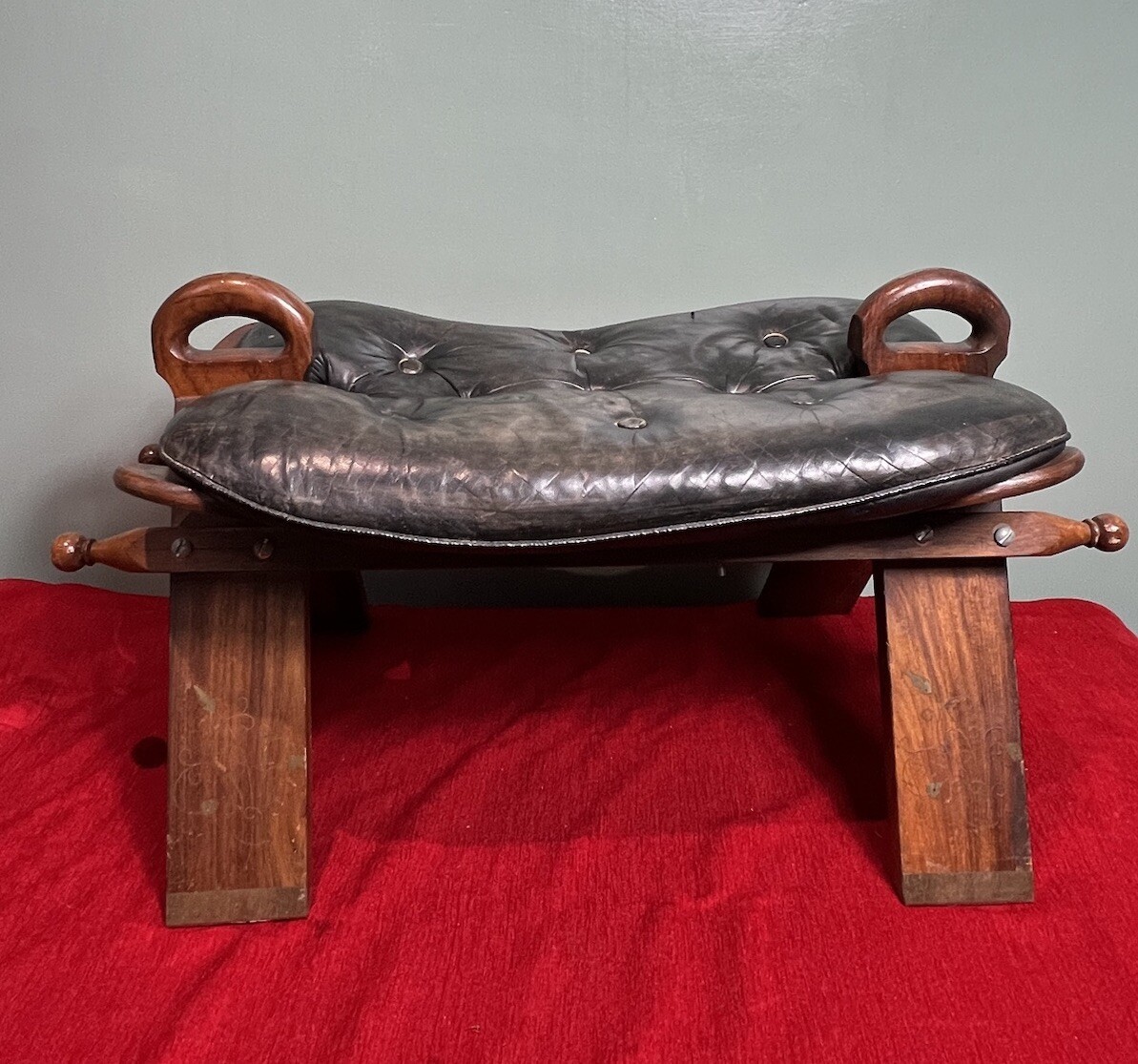 Anglo Indian Camel Stool With Brass Folate Inlays