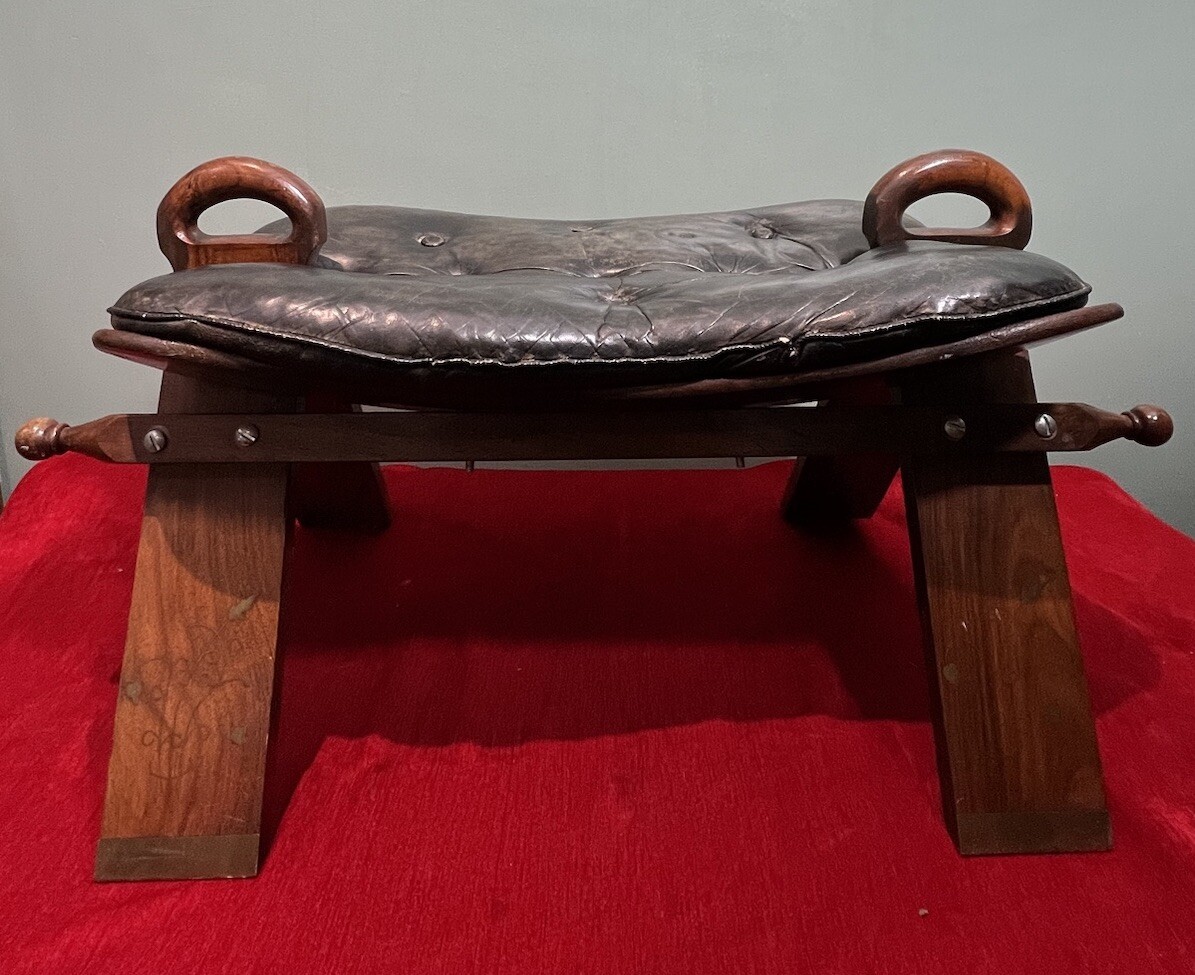 Anglo Indian Camel Stool With Brass Folate Inlays