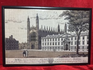 Kings College University of Cambridge After Peter Spendelowe Lamborne Hessian Screen Print Framed Circa - Vintage Composition - Screen Print on Hessian Listing Description Vintage Reproduction Screen Print Of The Original 18th Century Engraving By Peter Spendelowe Lamnborne (1722-1774). The Scene Depicts A View Of Kings College & Part Of Clare Hall In the University Of Cambridge. Detailed Architectural View Of Kings College Chapel And The Adjacent Gibbs Building With Figures, Olde English Title Scripture And Central Heirloom Crest. Colour Way Of White, Beige, Black On Hessian Fabric. Set In Black Glazed Frame. Dimensions In Cms Height 51.5cm x Width 77cm
