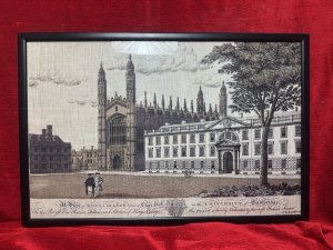 Kings College University of Cambridge After Peter Spendelowe Lamborne Hessian Screen Print Framed Circa - Vintage Composition - Screen Print on Hessian Listing Description Vintage Reproduction Screen Print Of The Original 18th Century Engraving By Peter Spendelowe Lamnborne (1722-1774). The Scene Depicts A View Of Kings College & Part Of Clare Hall In the University Of Cambridge. Detailed Architectural View Of Kings College Chapel And The Adjacent Gibbs Building With Figures, Olde English Title Scripture And Central Heirloom Crest. Colour Way Of White, Beige, Black On Hessian Fabric. Set In Black Glazed Frame. Dimensions In Cms Height 51.5cm x Width 77cm