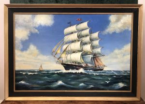 Oil On Canvas Marine Gallion Ship In Full Sail Sailing Past Small Yacht. Painted 1974 Artist T Banasiar Original 20th Century Artwork Original Oil On Canvas Painting Of Full Sailing Galleon Displaying Flags On The Top Of The Main Mast Unknown Country Full Rigging Painted In Lovely Detail With Rough Sea All Impressive Vibrant Colours With Great Perspective Although Little Is Known About This Scottish Marine Painter This Is Exceptionally Well Executed Marine Piece Charming Affordable Painting For Study Of Dining Area Dimensions In Inches Height 29” Width 41” Frame Depth 2.5”