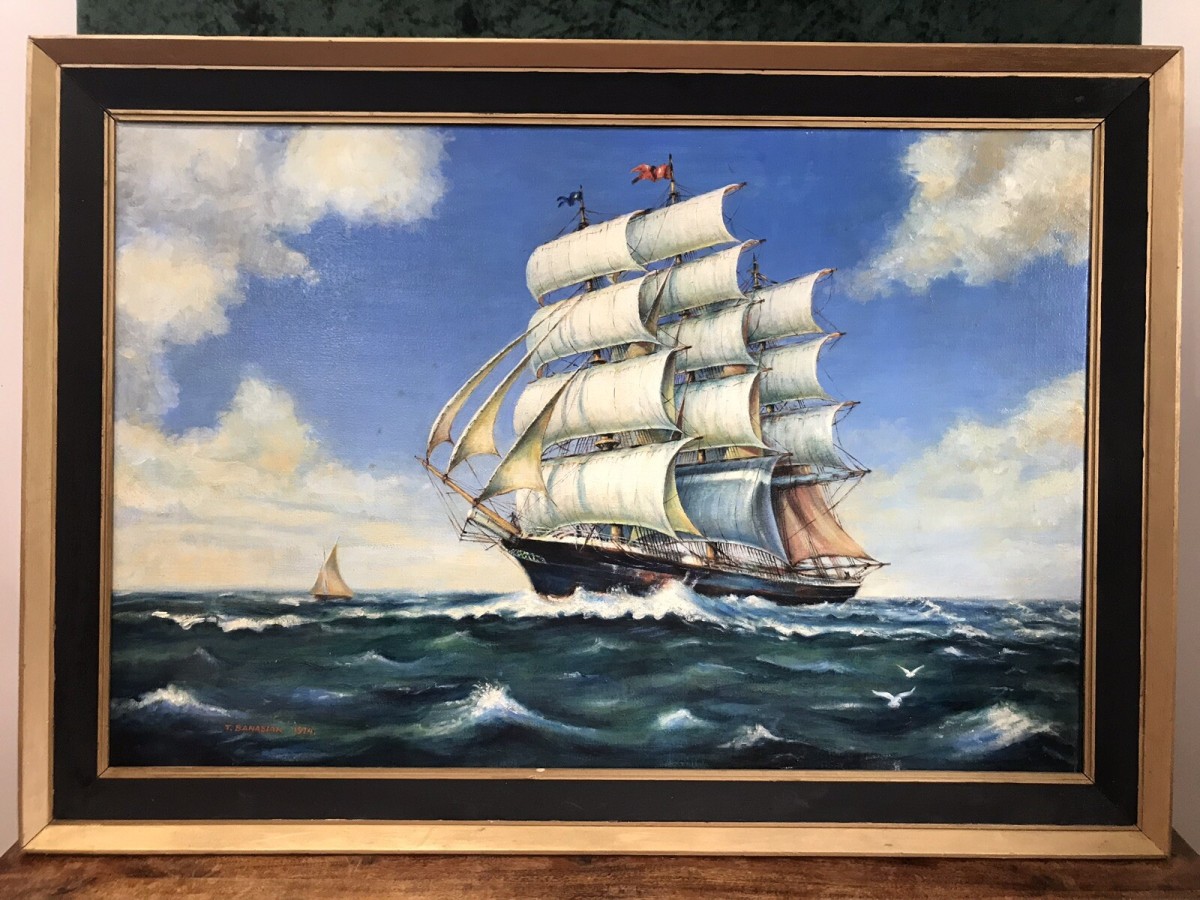 Oil On Canvas Marine Gallion Ship In Full Sail Sails Past Small Yacht