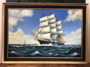 Oil On Canvas Marine Gallion Ship In Full Sail Sailing Past Small Yacht. Painted 1974 Artist T Banasiar Original 20th Century Artwork Original Oil On Canvas Painting Of Full Sailing Galleon Displaying Flags On The Top Of The Main Mast Unknown Country Full Rigging Painted In Lovely Detail With Rough Sea All Impressive Vibrant Colours With Great Perspective Although Little Is Known About This Scottish Marine Painter This Is Exceptionally Well Executed Marine Piece Charming Affordable Painting For Study Of Dining Area Dimensions In Inches Height 29” Width 41” Frame Depth 2.5”