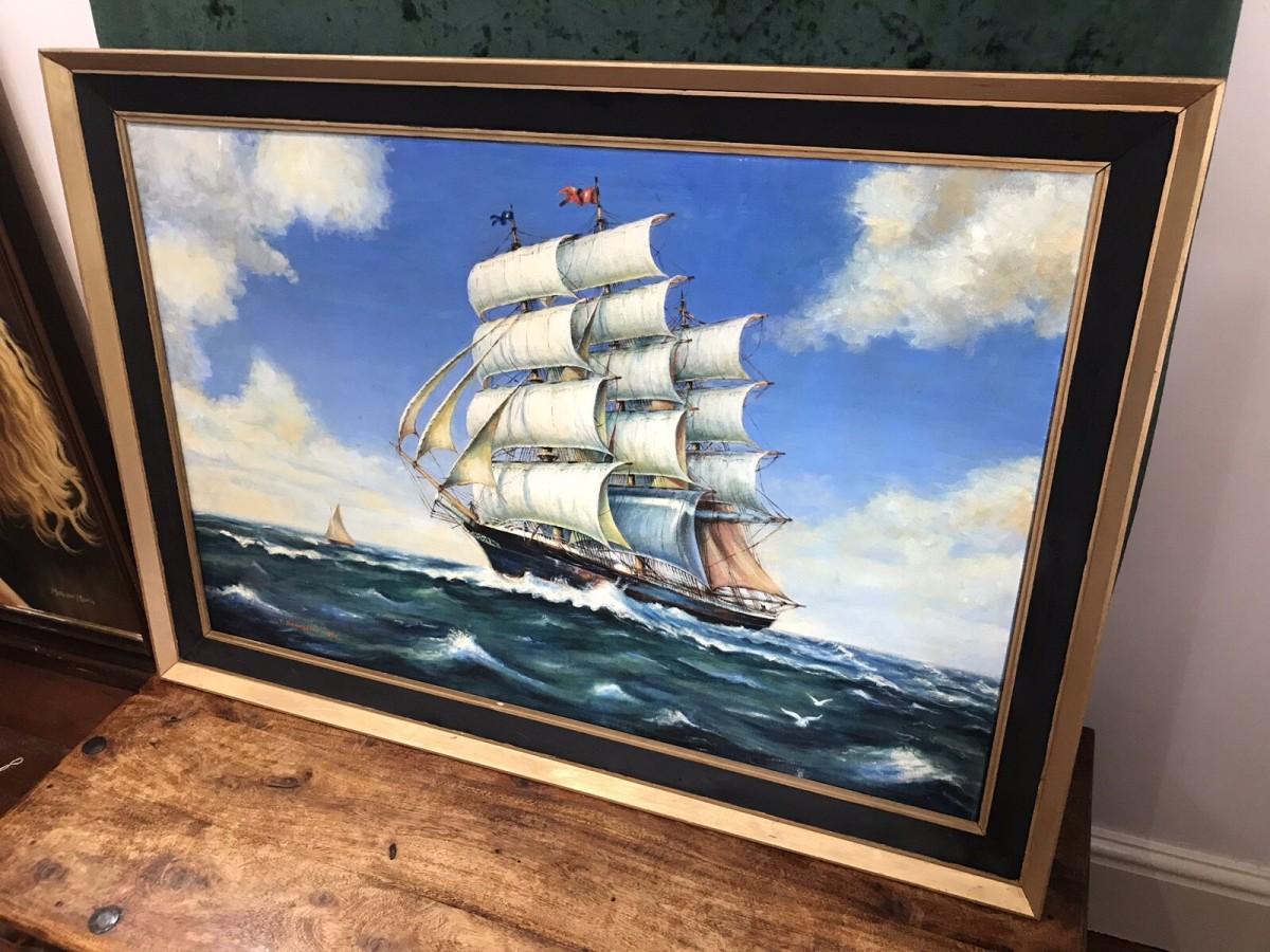Oil On Canvas Marine Gallion Ship In Full Sail Sails Past Small Yacht
