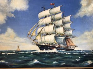 Oil On Canvas Marine Gallion Ship In Full Sail Sailing Past Small Yacht. Painted 1974 Artist T Banasiar Original 20th Century Artwork Original Oil On Canvas Painting Of Full Sailing Galleon Displaying Flags On The Top Of The Main Mast Unknown Country Full Rigging Painted In Lovely Detail With Rough Sea All Impressive Vibrant Colours With Great Perspective Although Little Is Known About This Scottish Marine Painter This Is Exceptionally Well Executed Marine Piece Charming Affordable Painting For Study Of Dining Area Dimensions In Inches Height 29” Width 41” Frame Depth 2.5”
