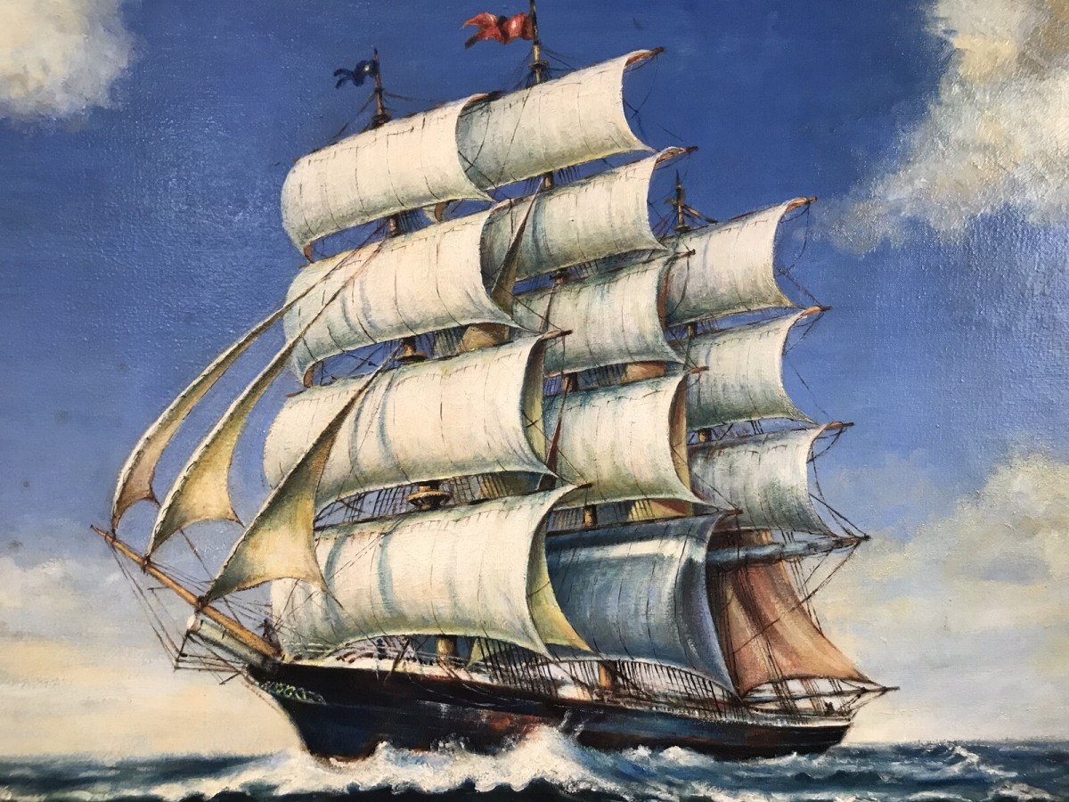 Oil On Canvas Marine Gallion Ship In Full Sail Sails Past Small Yacht