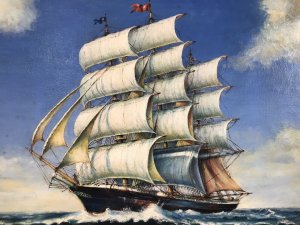 Oil On Canvas Marine Gallion Ship In Full Sail Sailing Past Small Yacht. Painted 1974 Artist T Banasiar Original 20th Century Artwork Original Oil On Canvas Painting Of Full Sailing Galleon Displaying Flags On The Top Of The Main Mast Unknown Country Full Rigging Painted In Lovely Detail With Rough Sea All Impressive Vibrant Colours With Great Perspective Although Little Is Known About This Scottish Marine Painter This Is Exceptionally Well Executed Marine Piece Charming Affordable Painting For Study Of Dining Area Dimensions In Inches Height 29” Width 41” Frame Depth 2.5”