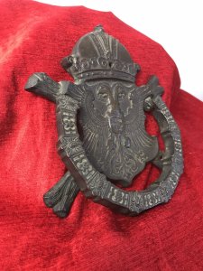 Fine Antique French 18th Century Bronze Noblemans Door Knocker. Breath Taking Bronze Door Knocker Purchased From Nobleman’s Chateau In Rueon France. Beautiful Backplate With Crown On Top And Large Double Headed Eagle Coat Of Arms Crest At The Centre. Unusual Wooden Log Shaped Sections Appear From Behind The Coat Of Arms. Heavy Horseshoe Shaped Knocker Handle Encrusted With Floral Motifs. Exceptional Fine Engraving With Original Patina In Excellent Condition. Cast In Quality Solid Bronze. Provenance Purchased From Exquisite Chateau In Rueon Area,France. Now Part Of Hiatoric Lord Hill Museum Collection Dimensions In Inches Height 9” Width 7.5” Depth 1 1/4 Weight Approx 12Kg