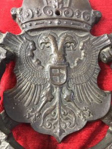 Fine Antique French 18th Century Bronze Noblemans Door Knocker. Breath Taking Bronze Door Knocker Purchased From Nobleman’s Chateau In Rueon France. Beautiful Backplate With Crown On Top And Large Double Headed Eagle Coat Of Arms Crest At The Centre. Unusual Wooden Log Shaped Sections Appear From Behind The Coat Of Arms. Heavy Horseshoe Shaped Knocker Handle Encrusted With Floral Motifs. Exceptional Fine Engraving With Original Patina In Excellent Condition. Cast In Quality Solid Bronze. Provenance Purchased From Exquisite Chateau In Rueon Area,France. Now Part Of Hiatoric Lord Hill Museum Collection Dimensions In Inches Height 9” Width 7.5” Depth 1 1/4 Weight Approx 12Kg