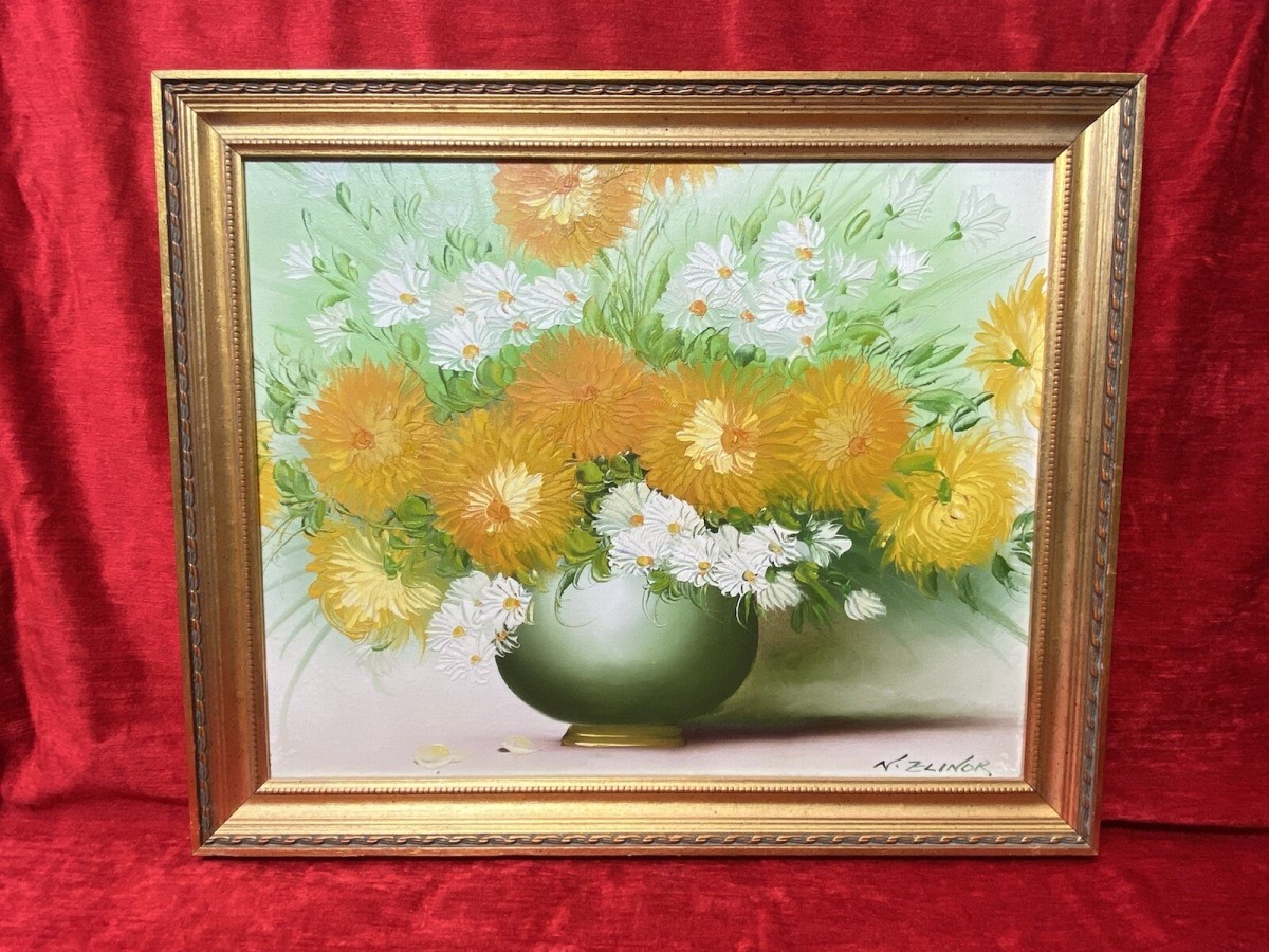 Primary image for Exuberant Art Deco Chrysanthemums Still Life Oil Painting Signed N Elinor