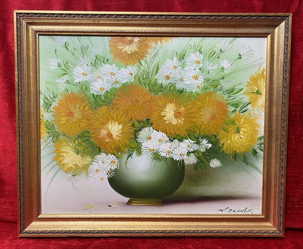 Exuberant Art Deco Chrysanthemums Still Life Oil Painting Signed N Elinor