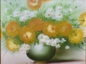 Exuberant Art Deco Chrysanthemums Still Life Oil Painting Signed N ELINOR Circa - 1920 Composition - Oil On Canvas Listing Description Wonderful Exuberant Art Deco Artwork In Impressionistic Manner With Large Green Bulbous Vase Filled With Vibrant Orange Chrysanthemums And Contrasting White Daisies Surrounded By A Abundance Of Green Foliage. Textural Paintwork Set On Lime Green Backdrop With Lovely Light And Shadow Typical Of Art Deco Period. Signed By Accomplished Artist N ELINOR And Set In Gilt Wood Frame. Dimensions In Inches Height 19.5" Width 23.5"