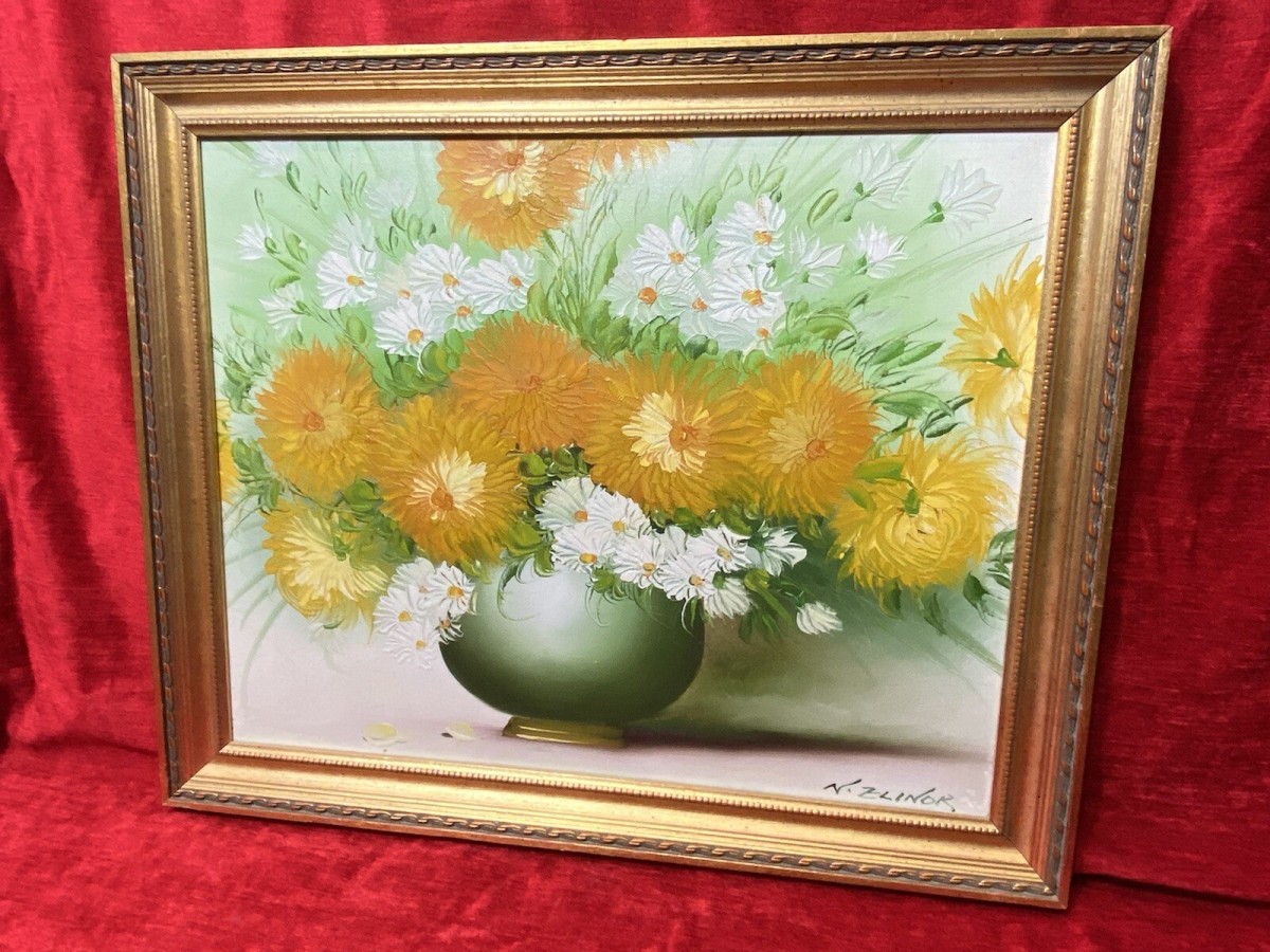 Exuberant Art Deco Chrysanthemums Still Life Oil Painting Signed N Elinor