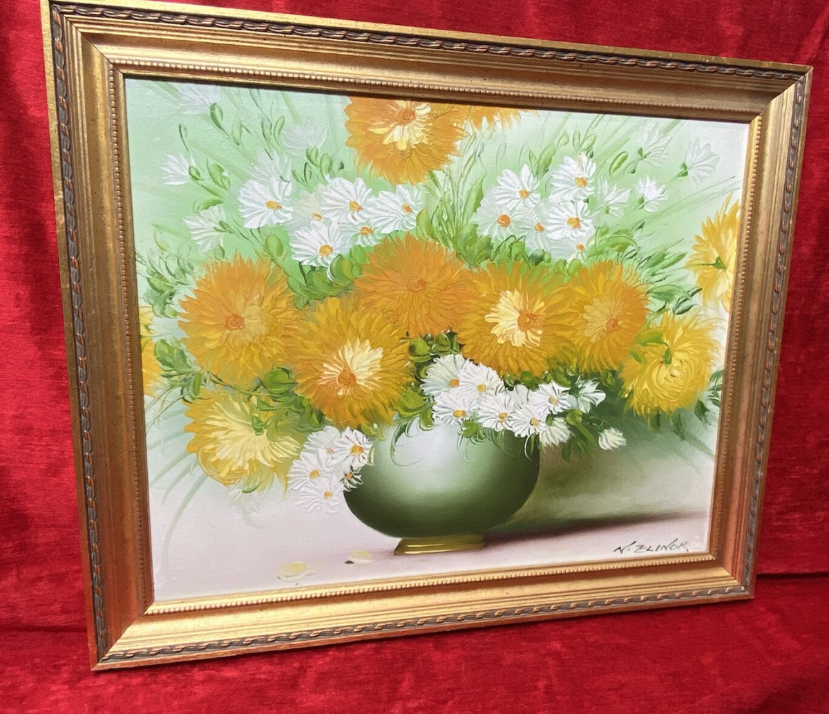 Exuberant Art Deco Chrysanthemums Still Life Oil Painting Signed N Elinor