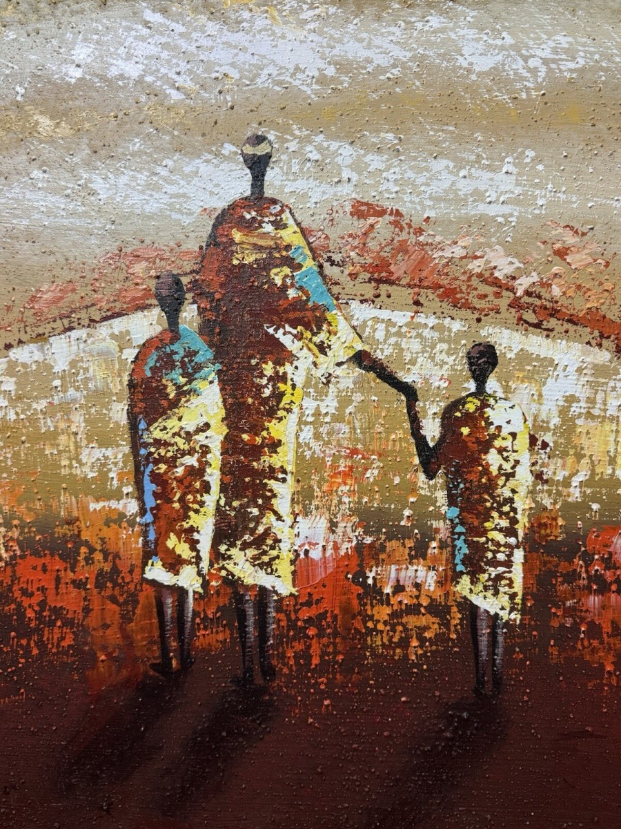 20th Century Traditional Figural African Tribal Art Oil Painting