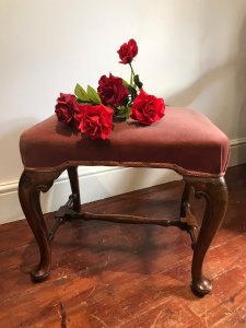 Stunning George II Style Walnut Velvet Upholstered Stool Velvet Padded Rectangular Top With Braided Edge Raised On Cabriole Legs With Pad Feet And Turned H Form Stretchers Dimensions In Inches Height 47cm Width 56cm Depth 45cm