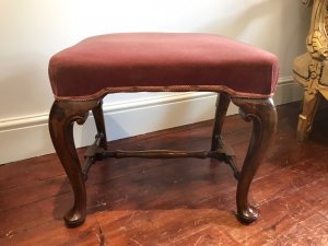 Stunning George II Style Walnut Velvet Upholstered Stool Velvet Padded Rectangular Top With Braided Edge Raised On Cabriole Legs With Pad Feet And Turned H Form Stretchers Dimensions In Inches Height 47cm Width 56cm Depth 45cm