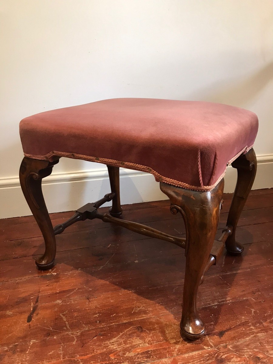 George Ii Style Walnut Velvet Uphostered H Form Stool