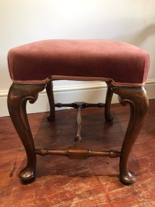 Stunning George II Style Walnut Velvet Upholstered Stool Velvet Padded Rectangular Top With Braided Edge Raised On Cabriole Legs With Pad Feet And Turned H Form Stretchers Dimensions In Inches Height 47cm Width 56cm Depth 45cm