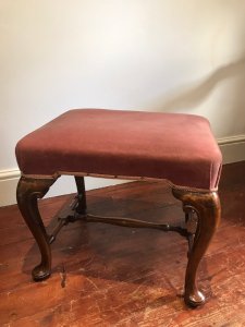 Stunning George II Style Walnut Velvet Upholstered Stool Velvet Padded Rectangular Top With Braided Edge Raised On Cabriole Legs With Pad Feet And Turned H Form Stretchers Dimensions In Inches Height 47cm Width 56cm Depth 45cm