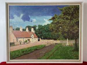 Country Scene The Jug And Glass Pub & Cottage. Nether Langwith,Mansfield, England Oil Painting By Artist L Davis. Circa - 1977 Composition - Oil On Canvas Stunning Oil Composition Of Historic Cottage & Country Pub In Nether Langwith, Uk. Finely Detailed Oil Painting With Delicately Painted Brickwork, Chimney Stacks, Windows And Signage Of The Cottage And Ajoing Pub. Beautiful Embankment Over The Road With Flowing Stream And Historic Monument And Large Oak Tree. A Vibrant Modern Art Piece. Signed (Front Right) And Dated On The Back With Scripture From Artist Reading "Jug & Glass" "Nether Langwith" Oil Painting By L Davis Dec 1977. To Dorothy And Stanley In Friendship. Dimensions In inches Height 24" Width 30 1/4"