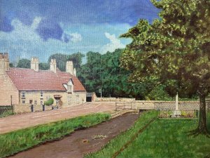 Country Scene The Jug And Glass Pub & Cottage. Nether Langwith,Mansfield, England Oil Painting By Artist L Davis. Circa - 1977 Composition - Oil On Canvas Stunning Oil Composition Of Historic Cottage & Country Pub In Nether Langwith, Uk. Finely Detailed Oil Painting With Delicately Painted Brickwork, Chimney Stacks, Windows And Signage Of The Cottage And Ajoing Pub. Beautiful Embankment Over The Road With Flowing Stream And Historic Monument And Large Oak Tree. A Vibrant Modern Art Piece. Signed (Front Right) And Dated On The Back With Scripture From Artist Reading "Jug & Glass" "Nether Langwith" Oil Painting By L Davis Dec 1977. To Dorothy And Stanley In Friendship. Dimensions In inches Height 24" Width 30 1/4"
