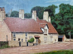 Country Scene The Jug And Glass Pub & Cottage. Nether Langwith,Mansfield, England Oil Painting By Artist L Davis. Circa - 1977 Composition - Oil On Canvas Stunning Oil Composition Of Historic Cottage & Country Pub In Nether Langwith, Uk. Finely Detailed Oil Painting With Delicately Painted Brickwork, Chimney Stacks, Windows And Signage Of The Cottage And Ajoing Pub. Beautiful Embankment Over The Road With Flowing Stream And Historic Monument And Large Oak Tree. A Vibrant Modern Art Piece. Signed (Front Right) And Dated On The Back With Scripture From Artist Reading "Jug & Glass" "Nether Langwith" Oil Painting By L Davis Dec 1977. To Dorothy And Stanley In Friendship. Dimensions In inches Height 24" Width 30 1/4"