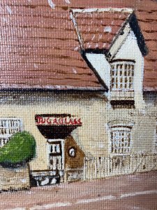 Country Scene The Jug And Glass Pub & Cottage. Nether Langwith,Mansfield, England Oil Painting By Artist L Davis. Circa - 1977 Composition - Oil On Canvas Stunning Oil Composition Of Historic Cottage & Country Pub In Nether Langwith, Uk. Finely Detailed Oil Painting With Delicately Painted Brickwork, Chimney Stacks, Windows And Signage Of The Cottage And Ajoing Pub. Beautiful Embankment Over The Road With Flowing Stream And Historic Monument And Large Oak Tree. A Vibrant Modern Art Piece. Signed (Front Right) And Dated On The Back With Scripture From Artist Reading "Jug & Glass" "Nether Langwith" Oil Painting By L Davis Dec 1977. To Dorothy And Stanley In Friendship. Dimensions In inches Height 24" Width 30 1/4"