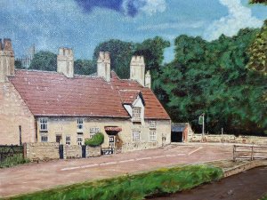 Country Scene The Jug And Glass Pub & Cottage. Nether Langwith,Mansfield, England Oil Painting By Artist L Davis. Circa - 1977 Composition - Oil On Canvas Stunning Oil Composition Of Historic Cottage & Country Pub In Nether Langwith, Uk. Finely Detailed Oil Painting With Delicately Painted Brickwork, Chimney Stacks, Windows And Signage Of The Cottage And Ajoing Pub. Beautiful Embankment Over The Road With Flowing Stream And Historic Monument And Large Oak Tree. A Vibrant Modern Art Piece. Signed (Front Right) And Dated On The Back With Scripture From Artist Reading "Jug & Glass" "Nether Langwith" Oil Painting By L Davis Dec 1977. To Dorothy And Stanley In Friendship. Dimensions In inches Height 24" Width 30 1/4"