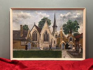 Contemporary Naïve St Mary Magdalene Old Chiswick Oil Painting On Canvas Circa - 1890 Composition - Oil On Canvas Listing Description Brief History Of St Mary Magdalene Church, Old Chiswick St Mary Magdalene Church On Bennett Street Originally Served The Community Of Chiswick Town. It Was Designed And Built By J C Sharp in 1848 At His Own Expense, But Rebuilt In 1894. Damaged By A Bomb In World War II It Was Demolished When Chiswick New Town Was Cleared In The 1950's. Stylised Naïve Oil Painting Of St Mary Magdalene Church, Old Chiswick. Earthy Colour Palette With Church As Central Focus of The Painting, Detailed Gothic Windows And Spire Bell Tower. Many Figures In Victorian Dress Typical Of The Period. The Pastor Stands Outside The Vicarage. A Young Girl With Blonde Ringlet Hair, Plays With Her Small Dog. A Gardener Tends To The Roses Behind The Church Pickett Fence. Two Young Girls With Their Mother Walk With A Pram Towards The Church Grounds. Wonderful Subject Capturing A Bygone Moment In British History. A Beautiful Keepsake And Collectors Artwork, Intricately Painted By Accomplished Unknown Artist, Showing Strong Reference To The Artworks Of Laurence Stephen Lowry (1887-1976). Dimensions In Inches Height 18.5" X Width 27" For Any Further Information Please call 07707 488 566 Thank-you