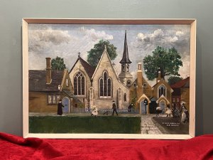 Contemporary Naïve St Mary Magdalene Old Chiswick Oil Painting On Canvas Circa - 1890 Composition - Oil On Canvas Listing Description Brief History Of St Mary Magdalene Church, Old Chiswick St Mary Magdalene Church On Bennett Street Originally Served The Community Of Chiswick Town. It Was Designed And Built By J C Sharp in 1848 At His Own Expense, But Rebuilt In 1894. Damaged By A Bomb In World War II It Was Demolished When Chiswick New Town Was Cleared In The 1950's. Stylised Naïve Oil Painting Of St Mary Magdalene Church, Old Chiswick. Earthy Colour Palette With Church As Central Focus of The Painting, Detailed Gothic Windows And Spire Bell Tower. Many Figures In Victorian Dress Typical Of The Period. The Pastor Stands Outside The Vicarage. A Young Girl With Blonde Ringlet Hair, Plays With Her Small Dog. A Gardener Tends To The Roses Behind The Church Pickett Fence. Two Young Girls With Their Mother Walk With A Pram Towards The Church Grounds. Wonderful Subject Capturing A Bygone Moment In British History. A Beautiful Keepsake And Collectors Artwork, Intricately Painted By Accomplished Unknown Artist, Showing Strong Reference To The Artworks Of Laurence Stephen Lowry (1887-1976). Dimensions In Inches Height 18.5" X Width 27" For Any Further Information Please call 07707 488 566 Thank-you