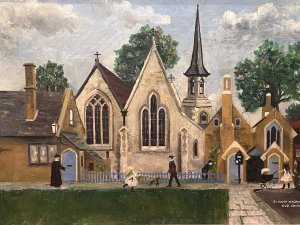 Contemporary Naïve St Mary Magdalene Old Chiswick Oil Painting On Canvas Circa - 1890 Composition - Oil On Canvas Listing Description Brief History Of St Mary Magdalene Church, Old Chiswick St Mary Magdalene Church On Bennett Street Originally Served The Community Of Chiswick Town. It Was Designed And Built By J C Sharp in 1848 At His Own Expense, But Rebuilt In 1894. Damaged By A Bomb In World War II It Was Demolished When Chiswick New Town Was Cleared In The 1950's. Stylised Naïve Oil Painting Of St Mary Magdalene Church, Old Chiswick. Earthy Colour Palette With Church As Central Focus of The Painting, Detailed Gothic Windows And Spire Bell Tower. Many Figures In Victorian Dress Typical Of The Period. The Pastor Stands Outside The Vicarage. A Young Girl With Blonde Ringlet Hair, Plays With Her Small Dog. A Gardener Tends To The Roses Behind The Church Pickett Fence. Two Young Girls With Their Mother Walk With A Pram Towards The Church Grounds. Wonderful Subject Capturing A Bygone Moment In British History. A Beautiful Keepsake And Collectors Artwork, Intricately Painted By Accomplished Unknown Artist, Showing Strong Reference To The Artworks Of Laurence Stephen Lowry (1887-1976). Dimensions In Inches Height 18.5" X Width 27" For Any Further Information Please call 07707 488 566 Thank-you