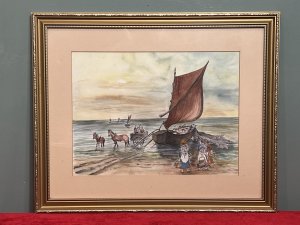 20th Century Watercolour Painting Titled 'Lusty Gaze' By British Artist Daphne Lough Circa - Late 20th Century Composition - Watercolour on Vellum Listing Description Artwork Title - 'Lusty Glaze' Beautiful Stylised Watercolour Painting, Depicting A Fishing Boat Docked Upon The Sea Shores Edge. The Fisherman Desperately Trying To Pull In Their Large Net To Retrieve Todays Catch. Three Ladies Watch The Fishing Boat Holding Wicker Baskets To Purchase Their Daily Meal. Whilst A Pair of Gentleman Sit In Horses Trap, Waiting For The Fishermans Haul. Striking Artwork In Dusk Hues. Painted By Accomplished Hand And Signed By Artist Daphne Lough. Artist Stamp On Reverse. Artwork Mounted, Framed And Glazed. Condition - Excellent. Dimensions In Inches Height 18 1/4" X Width 22 1/4" For Further Pictures And Information Please Call 07707 488 566 Thank-you