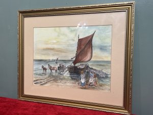 20th Century Watercolour Painting Titled 'Lusty Gaze' By British Artist Daphne Lough Circa - Late 20th Century Composition - Watercolour on Vellum Listing Description Artwork Title - 'Lusty Glaze' Beautiful Stylised Watercolour Painting, Depicting A Fishing Boat Docked Upon The Sea Shores Edge. The Fisherman Desperately Trying To Pull In Their Large Net To Retrieve Todays Catch. Three Ladies Watch The Fishing Boat Holding Wicker Baskets To Purchase Their Daily Meal. Whilst A Pair of Gentleman Sit In Horses Trap, Waiting For The Fishermans Haul. Striking Artwork In Dusk Hues. Painted By Accomplished Hand And Signed By Artist Daphne Lough. Artist Stamp On Reverse. Artwork Mounted, Framed And Glazed. Condition - Excellent. Dimensions In Inches Height 18 1/4" X Width 22 1/4" For Further Pictures And Information Please Call 07707 488 566 Thank-you