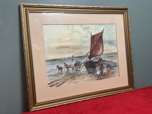 20th Century Watercolour Painting Titled 'Lusty Gaze' By British Artist Daphne Lough Circa - Late 20th Century Composition - Watercolour on Vellum Listing Description Artwork Title - 'Lusty Glaze' Beautiful Stylised Watercolour Painting, Depicting A Fishing Boat Docked Upon The Sea Shores Edge. The Fisherman Desperately Trying To Pull In Their Large Net To Retrieve Todays Catch. Three Ladies Watch The Fishing Boat Holding Wicker Baskets To Purchase Their Daily Meal. Whilst A Pair of Gentleman Sit In Horses Trap, Waiting For The Fishermans Haul. Striking Artwork In Dusk Hues. Painted By Accomplished Hand And Signed By Artist Daphne Lough. Artist Stamp On Reverse. Artwork Mounted, Framed And Glazed. Condition - Excellent. Dimensions In Inches Height 18 1/4" X Width 22 1/4" For Further Pictures And Information Please Call 07707 488 566 Thank-you