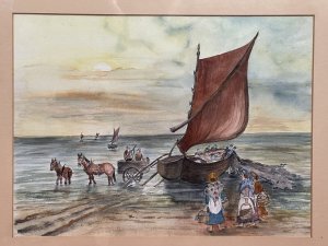 20th Century Watercolour Painting Titled 'Lusty Gaze' By British Artist Daphne Lough Circa - Late 20th Century Composition - Watercolour on Vellum Listing Description Artwork Title - 'Lusty Glaze' Beautiful Stylised Watercolour Painting, Depicting A Fishing Boat Docked Upon The Sea Shores Edge. The Fisherman Desperately Trying To Pull In Their Large Net To Retrieve Todays Catch. Three Ladies Watch The Fishing Boat Holding Wicker Baskets To Purchase Their Daily Meal. Whilst A Pair of Gentleman Sit In Horses Trap, Waiting For The Fishermans Haul. Striking Artwork In Dusk Hues. Painted By Accomplished Hand And Signed By Artist Daphne Lough. Artist Stamp On Reverse. Artwork Mounted, Framed And Glazed. Condition - Excellent. Dimensions In Inches Height 18 1/4" X Width 22 1/4" For Further Pictures And Information Please Call 07707 488 566 Thank-you