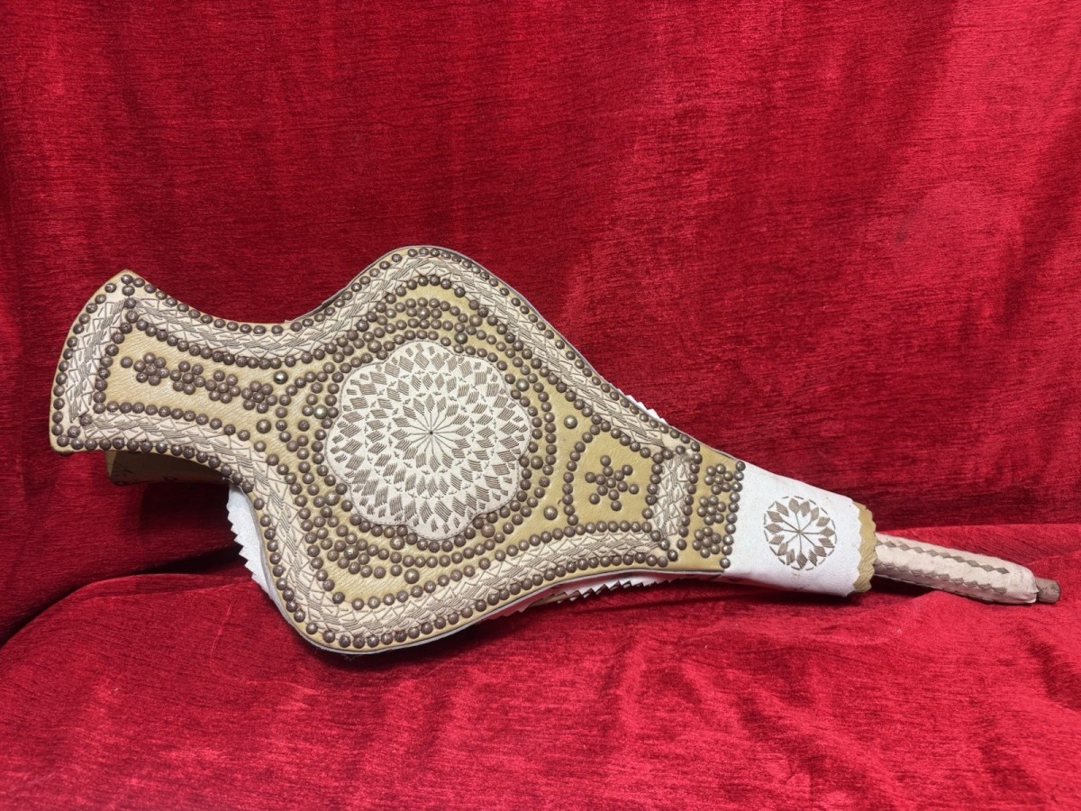 19th Century Italian Embroidered Leather And Brass Bound Fire Bellows