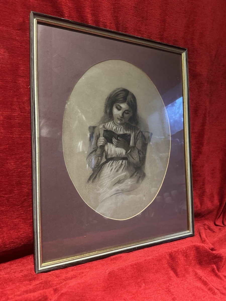 Primary image for English School 19th Century Young Lady Reading Charcoal/pencil Portrait