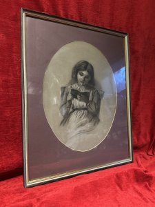 English School 19th Century Young Lady Reading Charcoal/Pencil Portrait Circa - 1860 Composition - Charcoal/Pencil On Vellum Listing Description Beautiful English School Victorian Pencil & Charcoal Portrait Depicting A Young Lady Sitting Reading A Book. Portrait Set In Glazed Gilt Framed With Burgundy Coloured Oval Boarder. Vellum Showing Signs Of Age Typical Of The Period. Original Fine Art Picture Framers Label On Reverse. Dimensions in Cms Height 58cm X Width 48cm
