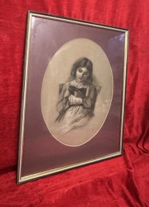English School 19th Century Young Lady Reading Charcoal/Pencil Portrait Circa - 1860 Composition - Charcoal/Pencil On Vellum Listing Description Beautiful English School Victorian Pencil & Charcoal Portrait Depicting A Young Lady Sitting Reading A Book. Portrait Set In Glazed Gilt Framed With Burgundy Coloured Oval Boarder. Vellum Showing Signs Of Age Typical Of The Period. Original Fine Art Picture Framers Label On Reverse. Dimensions in Cms Height 58cm X Width 48cm