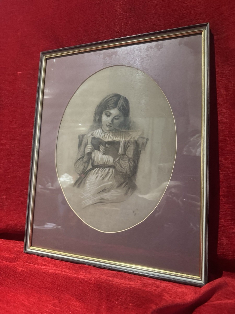 English School 19th Century Young Lady Reading Charcoal/pencil Portrait