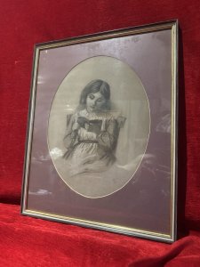 English School 19th Century Young Lady Reading Charcoal/Pencil Portrait Circa - 1860 Composition - Charcoal/Pencil On Vellum Listing Description Beautiful English School Victorian Pencil & Charcoal Portrait Depicting A Young Lady Sitting Reading A Book. Portrait Set In Glazed Gilt Framed With Burgundy Coloured Oval Boarder. Vellum Showing Signs Of Age Typical Of The Period. Original Fine Art Picture Framers Label On Reverse. Dimensions in Cms Height 58cm X Width 48cm