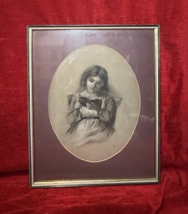 English School 19th Century Young Lady Reading Charcoal/Pencil Portrait Circa - 1860 Composition - Charcoal/Pencil On Vellum Listing Description Beautiful English School Victorian Pencil & Charcoal Portrait Depicting A Young Lady Sitting Reading A Book. Portrait Set In Glazed Gilt Framed With Burgundy Coloured Oval Boarder. Vellum Showing Signs Of Age Typical Of The Period. Original Fine Art Picture Framers Label On Reverse. Dimensions in Cms Height 58cm X Width 48cm