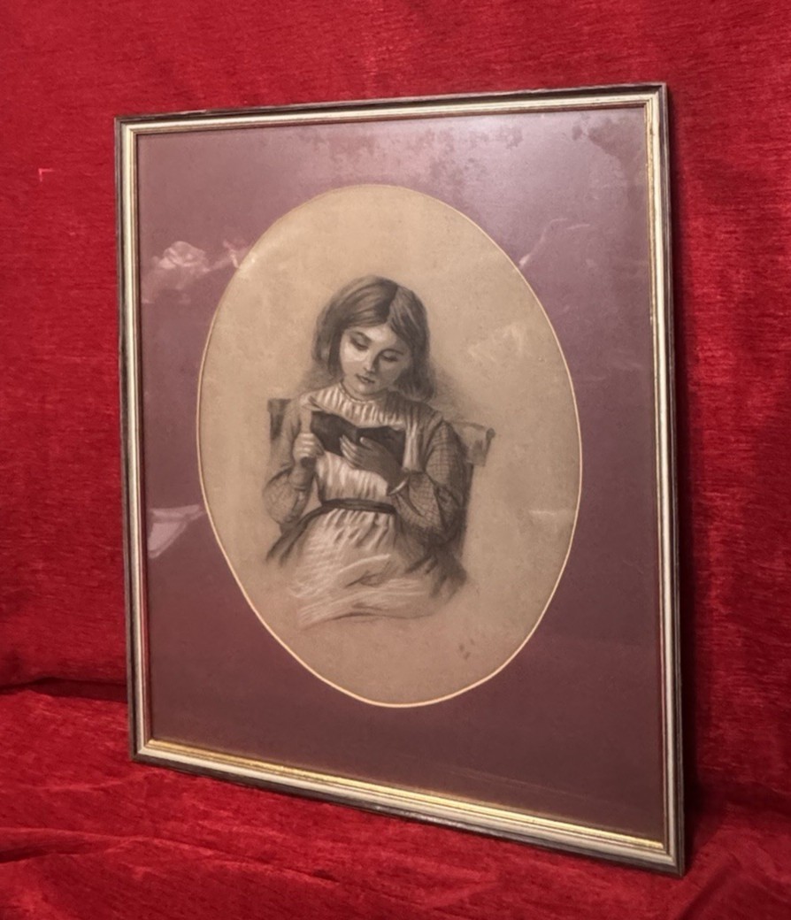 English School 19th Century Young Lady Reading Charcoal/pencil Portrait