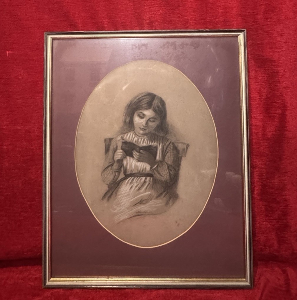 English School 19th Century Young Lady Reading Charcoal/pencil Portrait