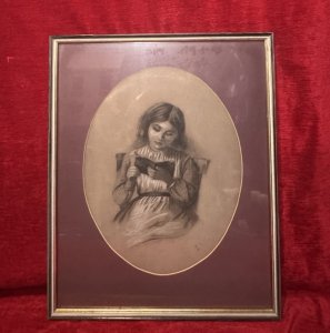 English School 19th Century Young Lady Reading Charcoal/Pencil Portrait Circa - 1860 Composition - Charcoal/Pencil On Vellum Listing Description Beautiful English School Victorian Pencil & Charcoal Portrait Depicting A Young Lady Sitting Reading A Book. Portrait Set In Glazed Gilt Framed With Burgundy Coloured Oval Boarder. Vellum Showing Signs Of Age Typical Of The Period. Original Fine Art Picture Framers Label On Reverse. Dimensions in Cms Height 58cm X Width 48cm