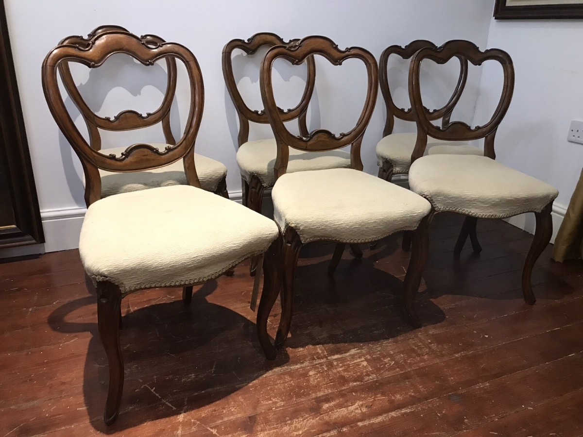 Primary image for Fine Antique Set Of 6 Walnut Victorian Balloon Back Dining Chairs C1865