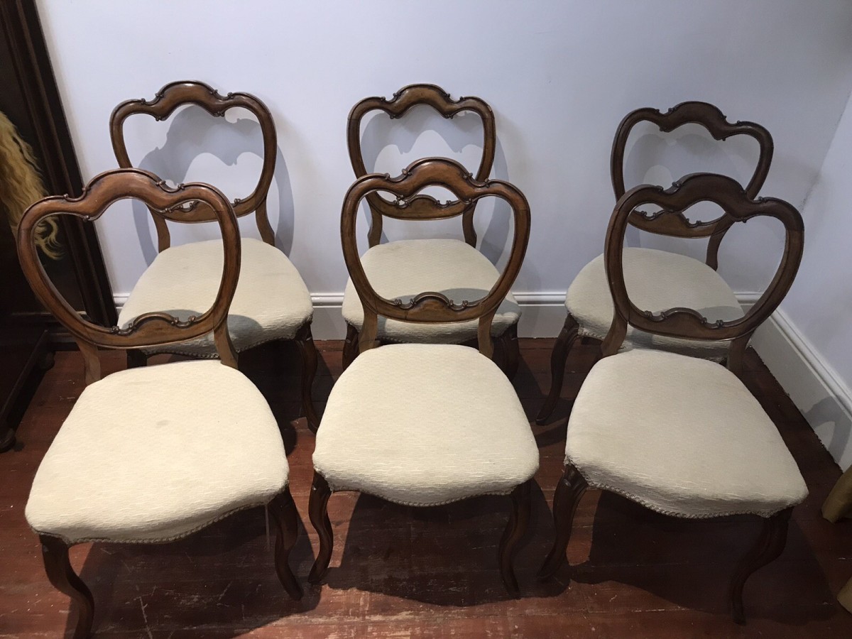 Fine Antique Set Of 6 Walnut Victorian Balloon Back Dining Chairs C1865
