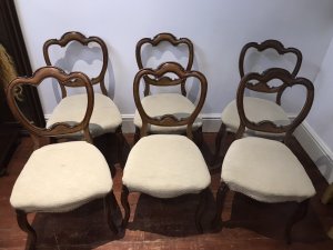 Fine Antique Set Of 6 Walnut Victorian Balloon Back Dining Chairs C1865 Scroll Arched Top Balloon Backs And Slender Elegant Cabriole Legs Cream Silk Upholstery Sturdy Frames Original Polish Shown Provenance These Chairs Were Commissioned For Lord Hill In 1865 And Have Been Part Of His Accomplishment Collection Some Slight Marks Due To Age And Usage These Are Original Antique Chairs